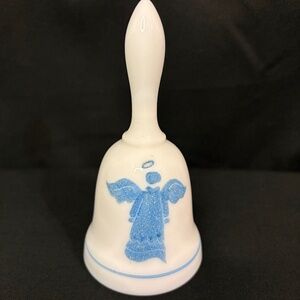 Fenton Milk Glass Bell Hand Painted Signed Blue Glitter Angel Halo Vintage